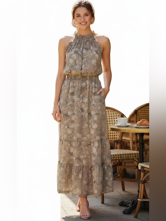 Max Studio Dresses & Skirts - Max Studio Beige Taupe Floral Maxi Dress with Smocked Waist